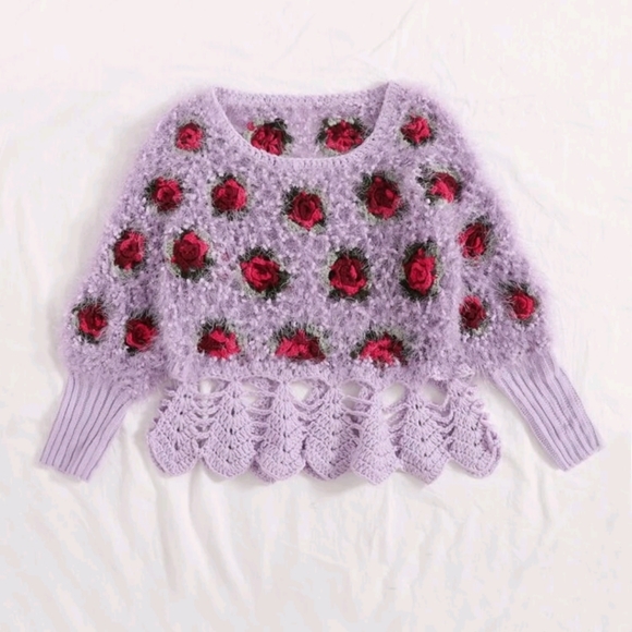 Super cute Rose Flower Fuzzy Knit Sweater - Picture 2 of 6